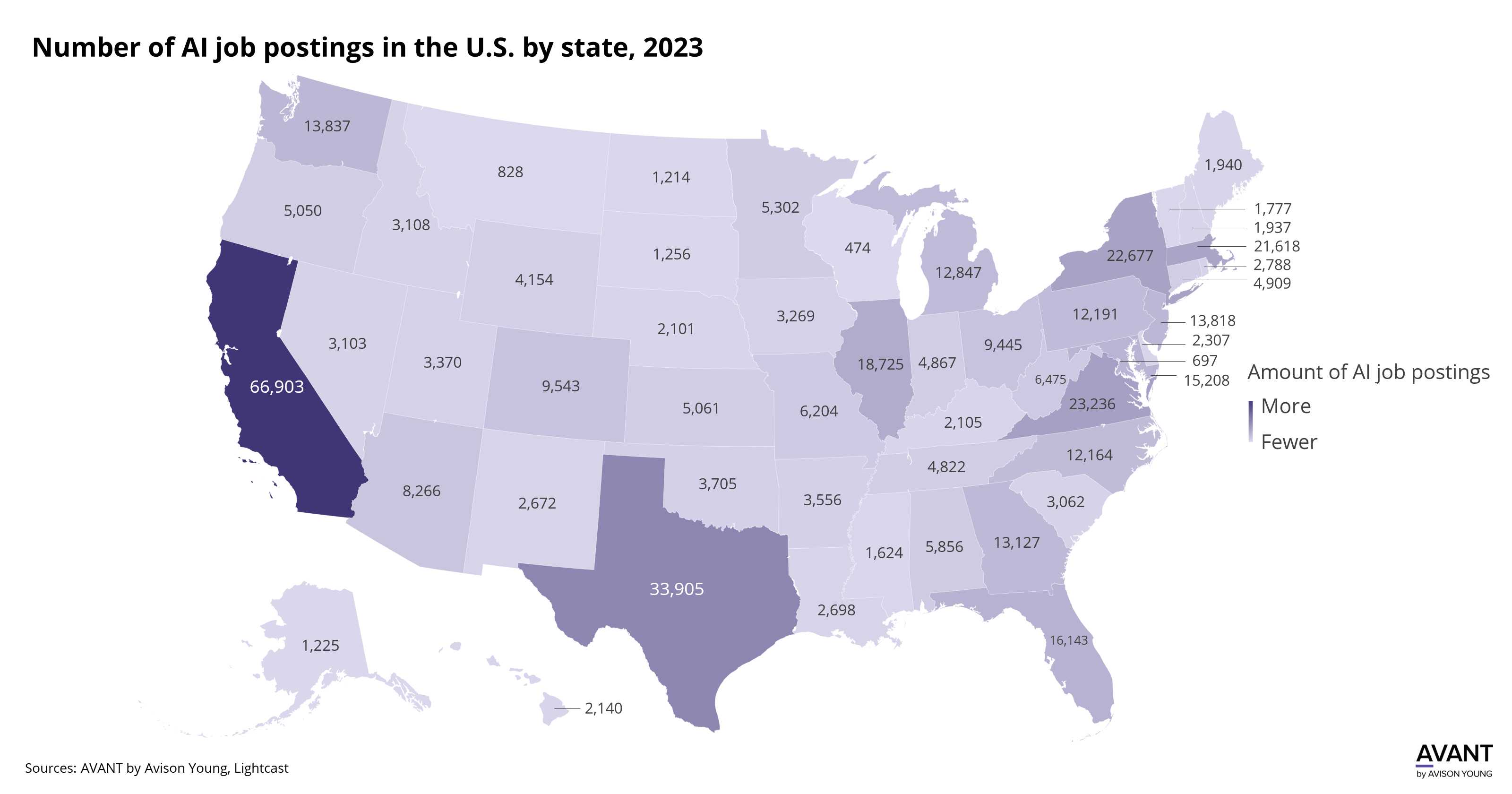 map of number of AI job postings in the U.S. by state in 2023